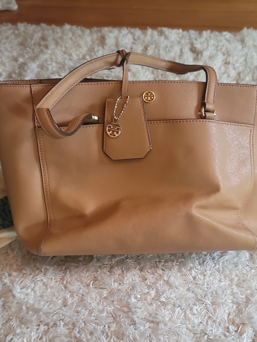 Tory Burch Camel Leather Tote with Logo Charm